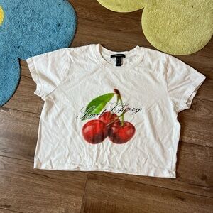 Forever 21 White Cherry Print Crop Top